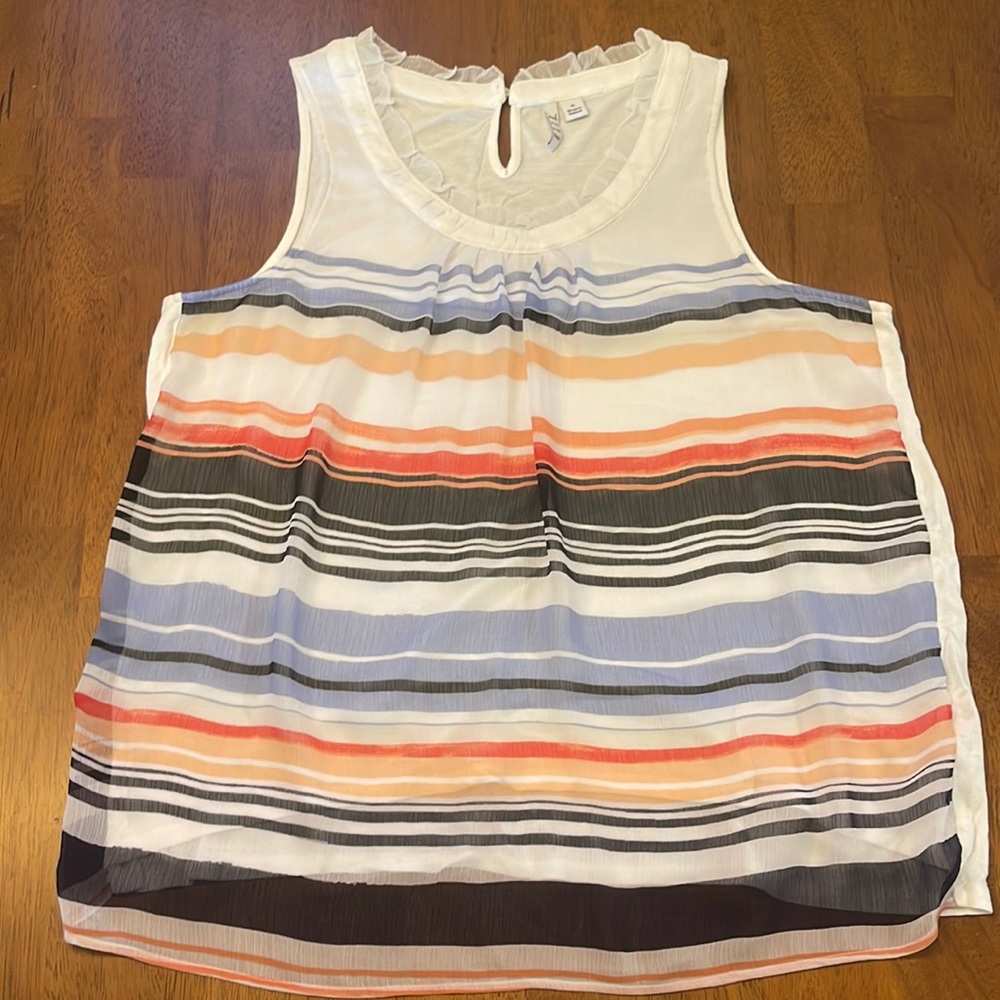 ELLE (M) - White Tank Blouse w/ Striped overlay and ruffle detail
